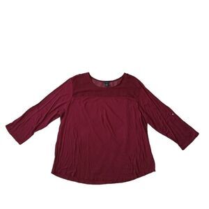Rue21 Plus Size Maroon Red Sheer Mesh Yoke Roll Tab Sleeves Casual Shirt 3X
